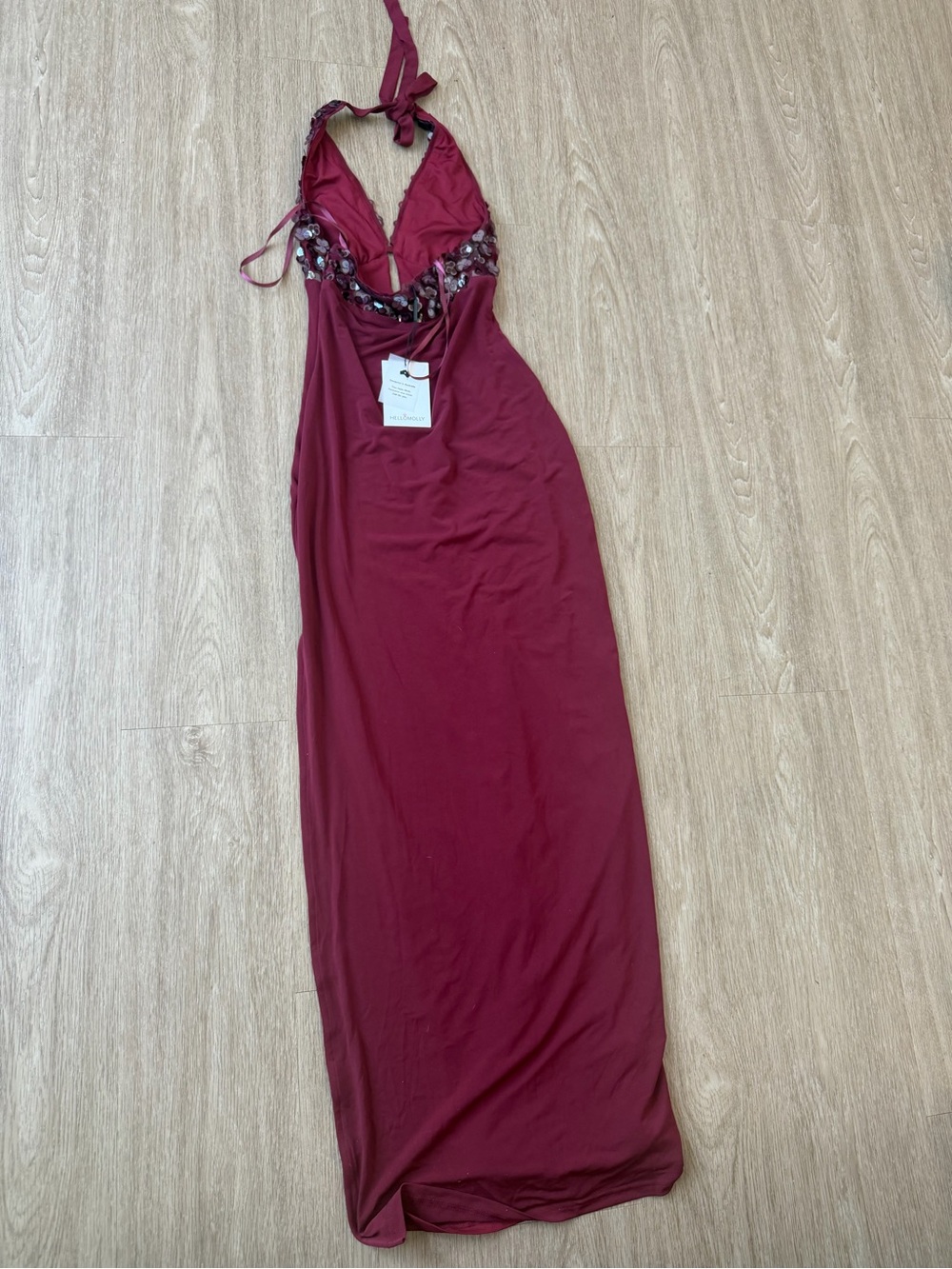 HELLO MOLLY Shimmering Luxe Halter Sequin Bodice Maxi Dress in Wine size XS NEW - Picture 4 of 6